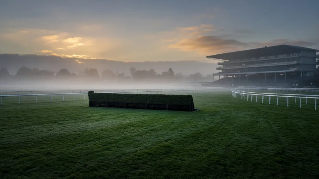 Misty racecourse with a jump fence and grandstand