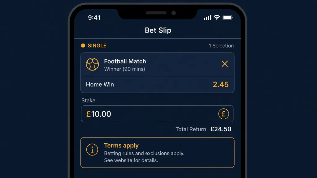 Football bet slip on a mobile phone screen