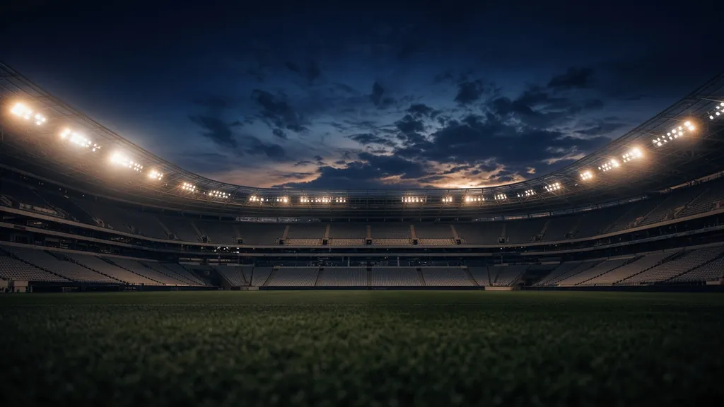 Empty football stadium under floodlights at dusk
